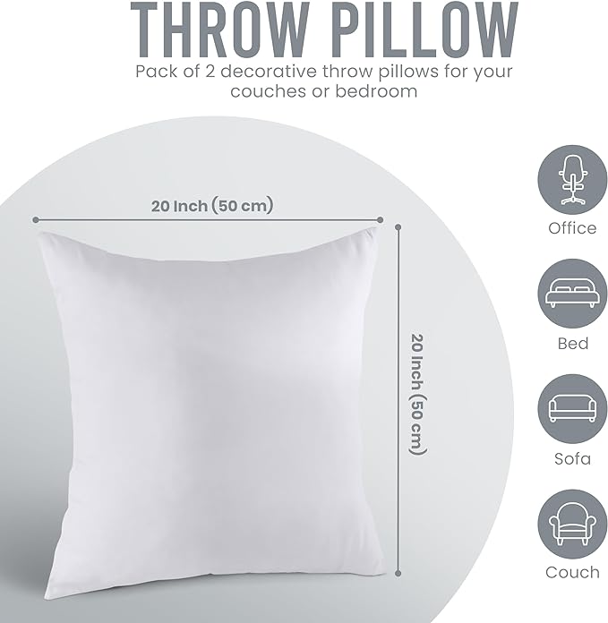 Throw Pillows Insert (Pack of 2, White) - 20 x 20 Inches