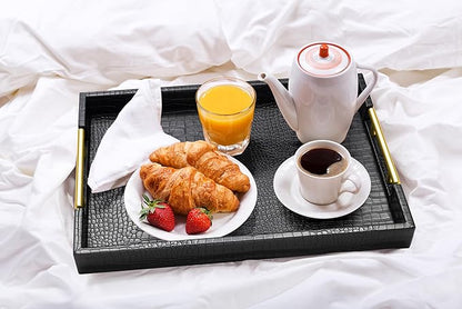 Wood Serving Tray with Gold Polished Metal Handles