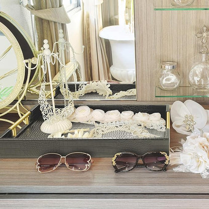 Wood Serving Tray with Gold Polished Metal Handles