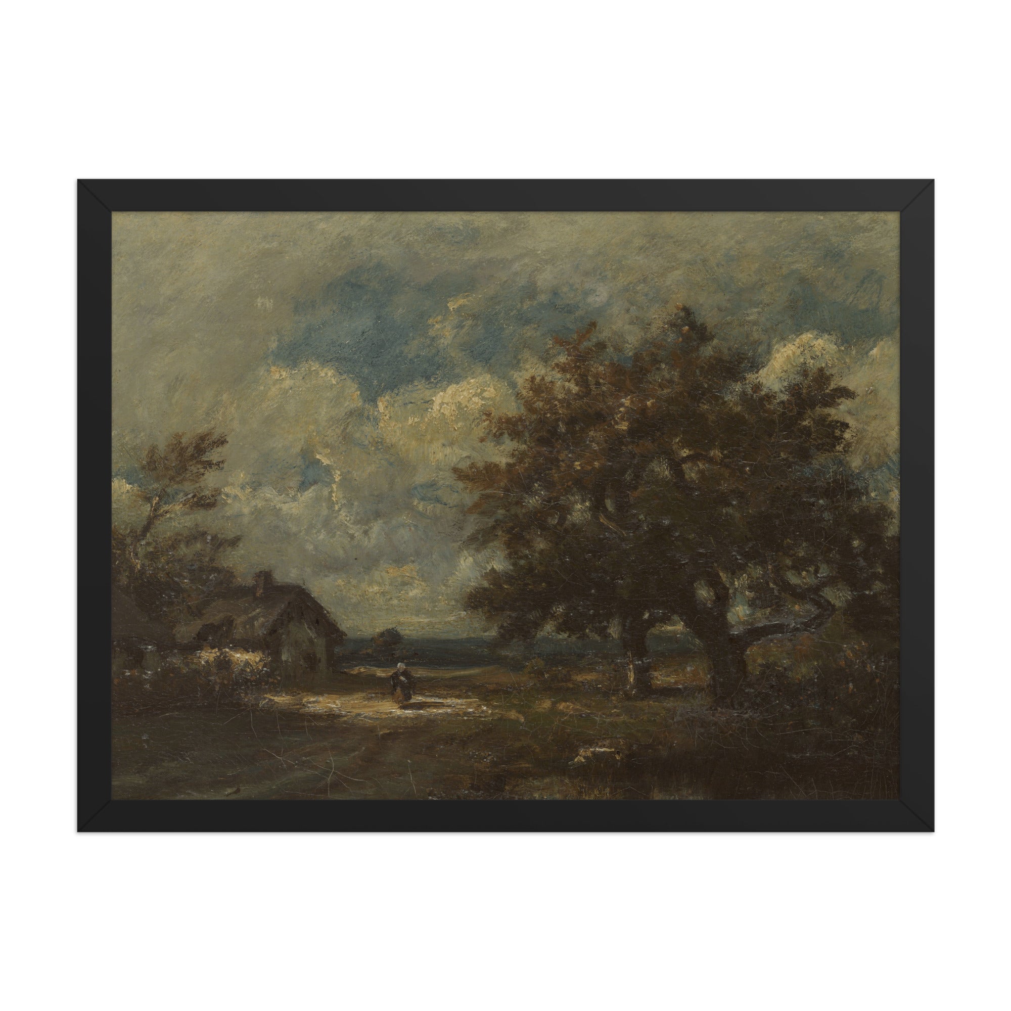 The Cottage by the Roadside, Stormy Sky by Jules Dupré - Framed Art