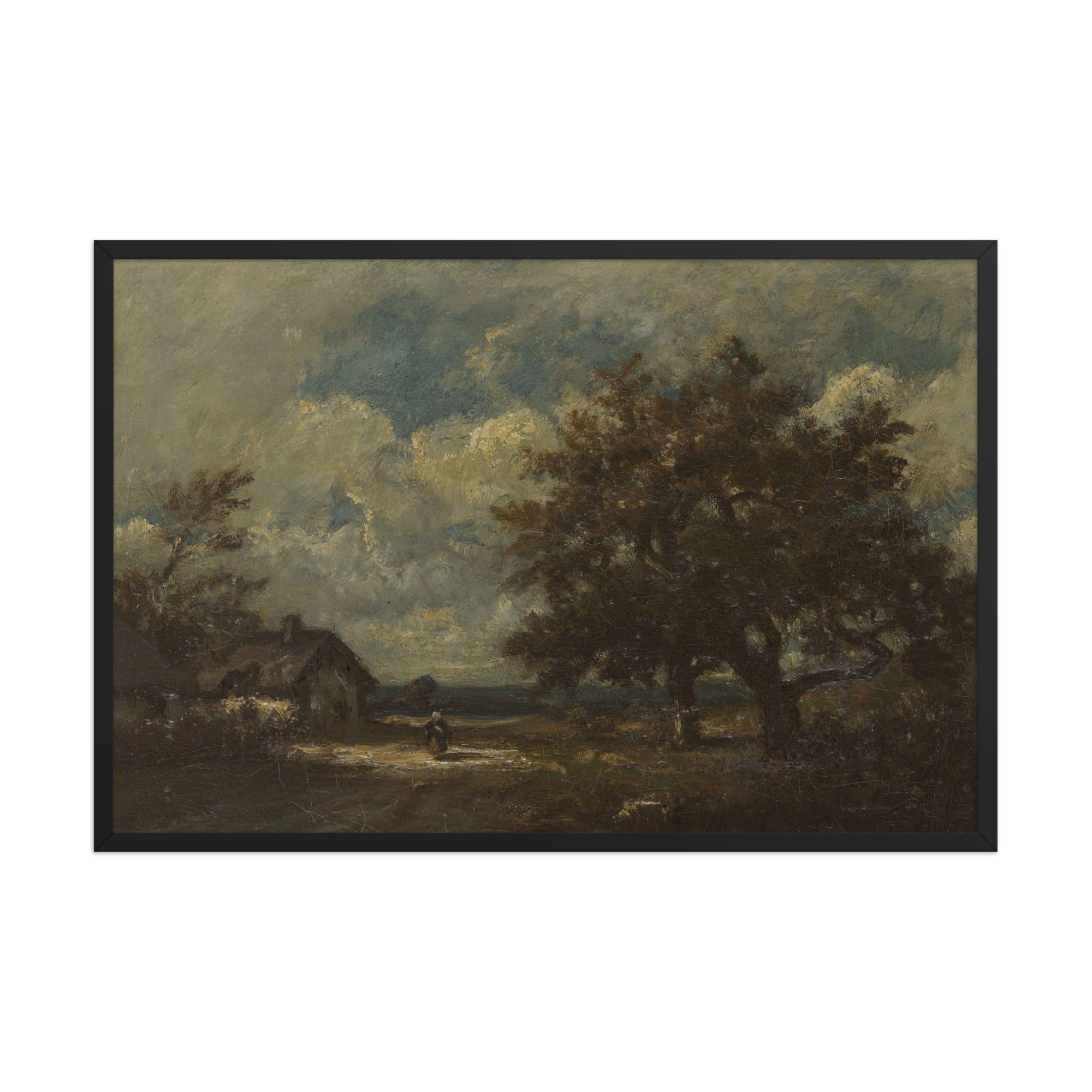 The Cottage by the Roadside, Stormy Sky by Jules Dupré - Framed Art